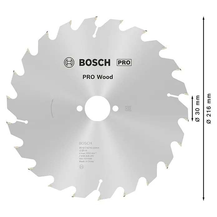 Bosch Kreissägeblatt Pro Wood - 216 mm, Bohrung: 30 mm, Anzahl Zähne: 22 Stk. - Ein silbernes Bosch PRO Wood Kreissägeblatt, 216mm Durchmesser mit 22 Zähnen und 30mm Bohrung, zum Holzsägen.