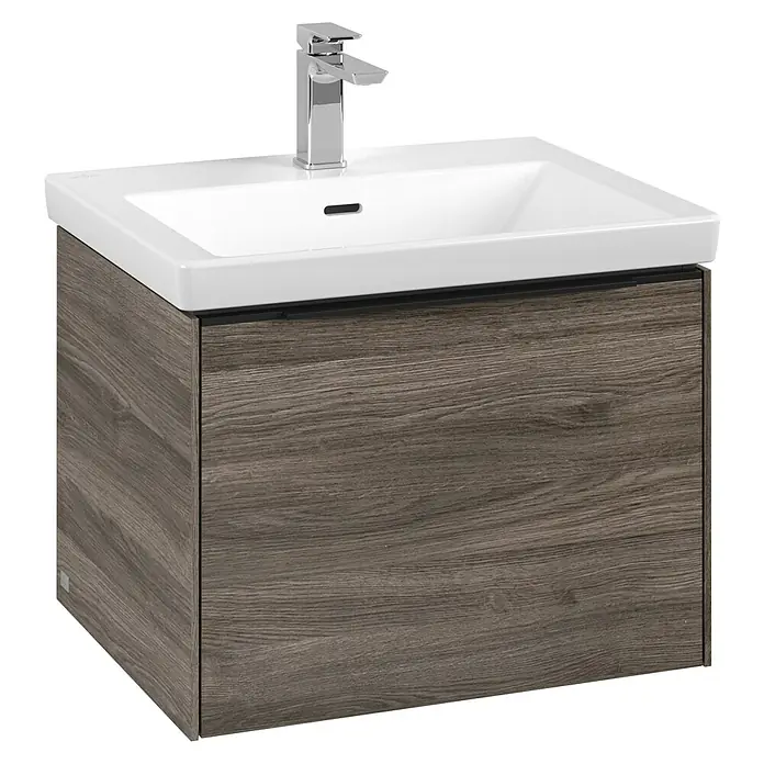 Villeroy & Boch Subway 3.0 Waschbeckenunterschrank - Stone Oak, Anzahl Schubladen: 1 Stk., Farbe Griff: Volcano Black, B x T x H: 57,2 x 47,8 x 42,9 cm - Modernes Waschbecken mit Unterschrank in Holzoptik. Ideal für stilvolle Badezimmer.