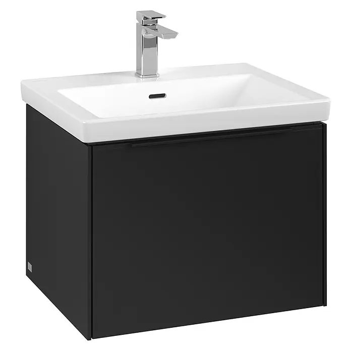 Villeroy & Boch Subway 3.0 Waschbeckenunterschrank - Volcano Black, Anzahl Schubladen: 1 Stk., Farbe Griff: Volcano Black, B x T x H: 57,2 x 47,8 x 42,9 cm - Schwarzer Waschtischunterschrank mit weißem Waschbecken und modernem Chromhahn.