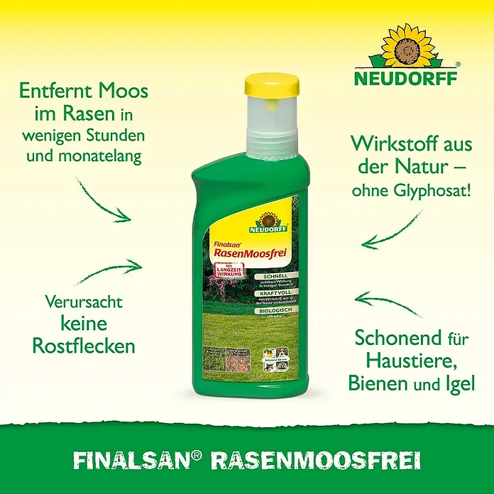Neudorff Finalsan Rasen-Moosfrei - 500 ml - Produktbild von Finalsan RasenMoosfrei, einem Moosentferner für Rasenflächen, der Moos schnell und langfristig entfernt ohne Rostflecken zu hinterlassen.