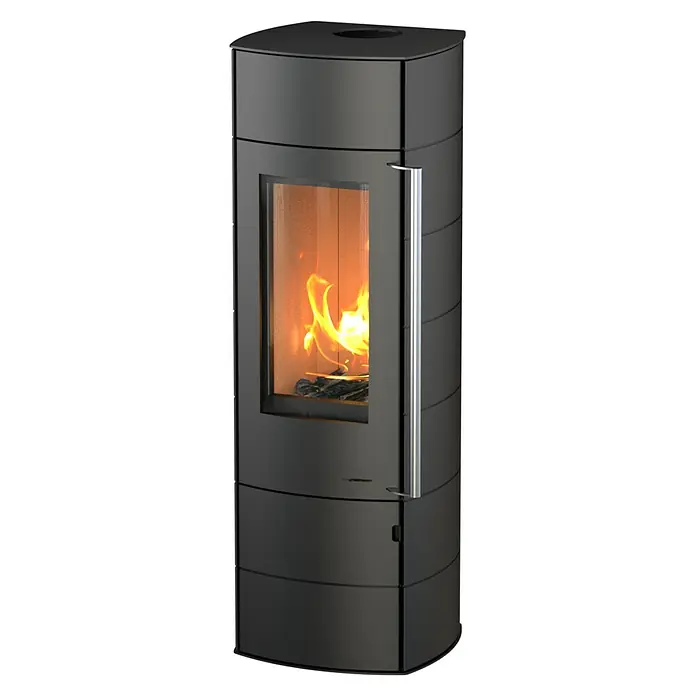 Kaminofen Alpha Ring - 6 kW, Raumheizvermögen: 172 m³, Material Verkleidung: Stahl, Farbe Verkleidung: Schwarz - Elegantes Kaminofendesign mit Sichtfenster und sanftem Flammenspiel, perfekt für behagliche Wärme und stilvolles Ambiente in jedem Wohnraum.