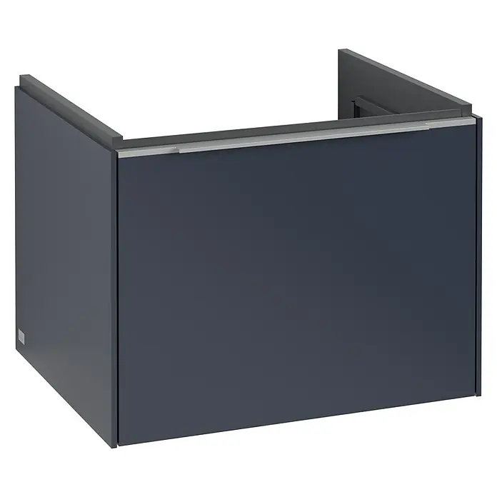 Villeroy & Boch Subway 3.0 Waschbeckenunterschrank - Marine Blue, Anzahl Schubladen: 1 Stk., Farbe Griff: Aluminium glänzend, B x T x H: 57,2 x 47,8 x 42,9 cm, Mit Beleuchtung - Abgebildeter Badezimmerschrank in elegantem Dunkelgrau, das moderne Design und funktionale Aufbewahrungslösung vereint.