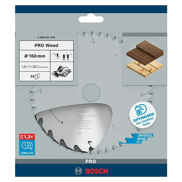 Bosch Kreissägeblatt Standard for Wood - 160 mm, Bohrung: 20 mm, Anzahl Zähne: 24 Stk. - Abgebildet ist ein Bosch Pro Wood Kreissägeblatt mit einem Durchmesser von 160 mm, optimiert für Akku-Werkzeuge und für universelle Marken passend.