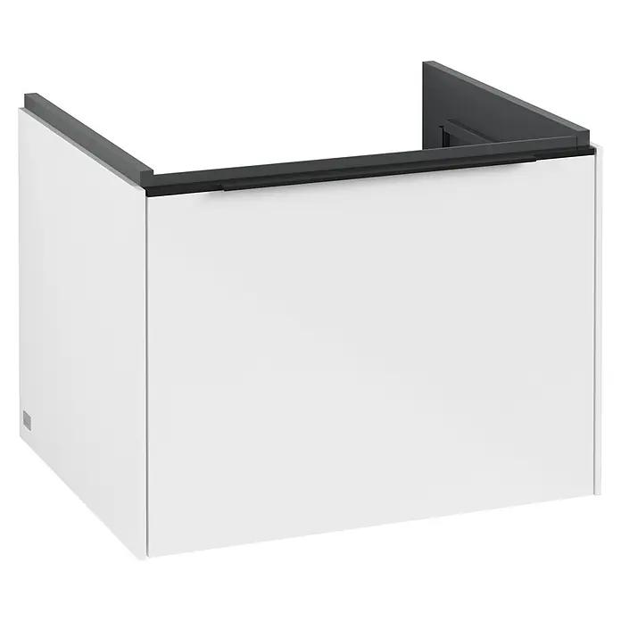 Villeroy & Boch Subway 3.0 Waschbeckenunterschrank - Brilliant White, Anzahl Schubladen: 1 Stk., Farbe Griff: Volcano Black, B x T x H: 57,2 x 47,8 x 42,9 cm - Eine Nahaufnahme eines weißen Waschtischunterschranks mit einer grauen Ablagefläche oben. Das Möbelstück wirkt modern und minimalistisch.
