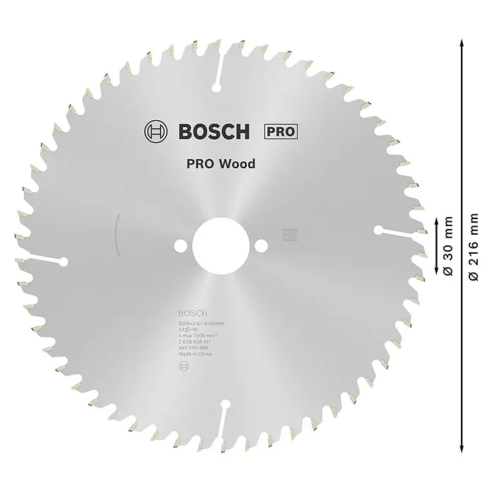 Bosch Kreissägeblatt Pro Wood - 216 mm, Bohrung: 30 mm, Anzahl Zähne: 54 Stk. - Bosch Pro Kreissägeblatt für Holz, 216mm Durchmesser mit 30mm Bohrung, aus silberfarbenem Metall.