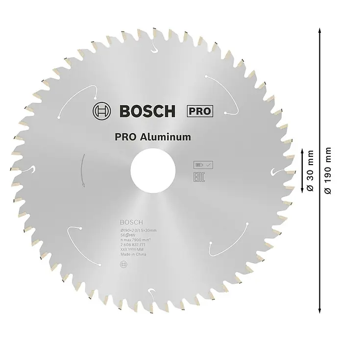 Bosch Kreissägeblatt Standard for Aluminium - 190 mm, Bohrung: 30 mm, Anzahl Zähne: 56 Stk. - Bosch Pro Kreissägeblatt für Aluminium, 190mm Außendurchmesser, 30mm Bohrung, mit 56 Hartmetallzähnen.