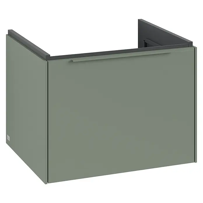 Villeroy & Boch Subway 3.0 Waschbeckenunterschrank - Soft Green, Anzahl Schubladen: 1 Stk., Farbe Griff: Monochrom, B x T x H: 57,2 x 47,8 x 42,9 cm - Hier ist ein Bild eines stilvollen, matten Küchenschranks in Graugrün mit einem Griff und einer dunkleren oberen Blende.