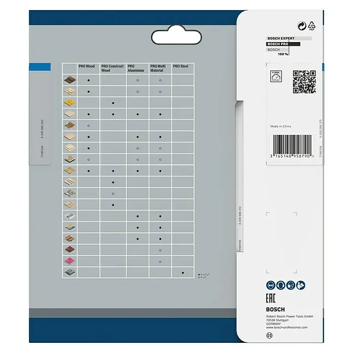Bosch Kreissägeblatt Standard for Aluminium - 160 mm, Bohrung: 20 mm, Anzahl Zähne: 52 Stk. - Produktbild einer Bosch Sägeblattverpackung mit Materialkompatibilitätsübersicht, Barcode und Herstellerinformationen.