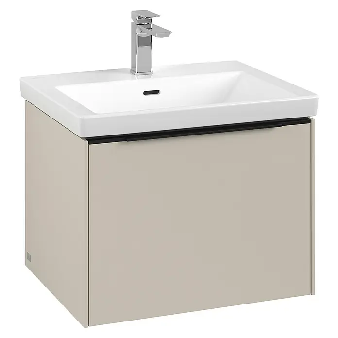 Villeroy & Boch Subway 3.0 Waschbeckenunterschrank - Cashmere Grey, Anzahl Schubladen: 1 Stk., Farbe Griff: Volcano Black, B x T x H: 57,2 x 47,8 x 42,9 cm - Waschbeckenunterschrank mit einem weißen Waschbecken und einem modernen Chromhahn. Ideal für jedes moderne Badezimmerdesign.