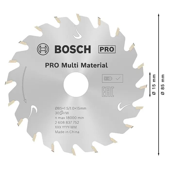 Bosch Disco de sierra Standard for Multimaterial - 85 mm, Orificio: 15 mm, Número de dientes: 30 ud. - Hoja de sierra circular Bosch PRO Multi Material gris plateado con 85mm de diámetro, 15mm de orificio y 30 dientes de carburo.