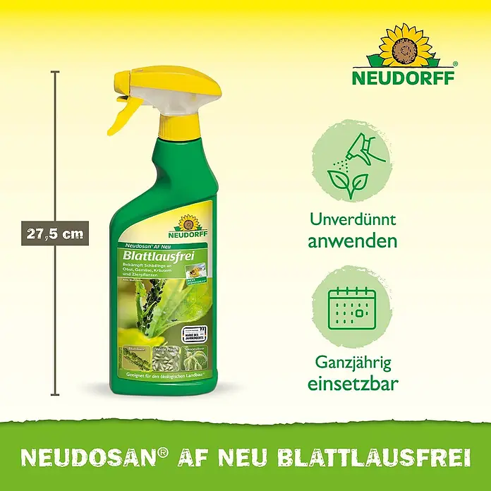 Neudorff Neudosan Blattlausfrei - 500 ml - Produktbild: Neudorff Neudosan AF Neu Blattlausfrei, ein Spray zur Schädlingsbekämpfung an Pflanzen, anwendbar das ganze Jahr, unverdünnt.