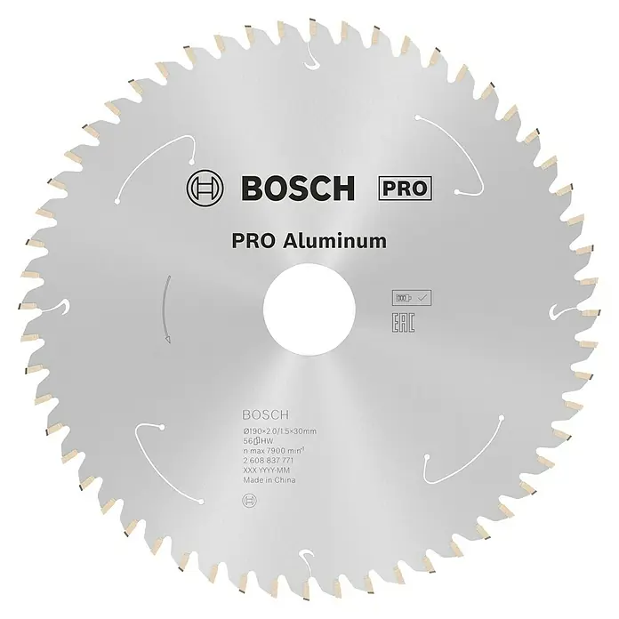 Bosch Kreissägeblatt Standard for Aluminium - 190 mm, Bohrung: 30 mm, Anzahl Zähne: 56 Stk. - Das Bild zeigt ein Bosch Pro Aluminium Sägeblatt mit den Maßen Ø190×2.0/1.5×30mm und 56 Zähnen, geeignet für Aluminium.