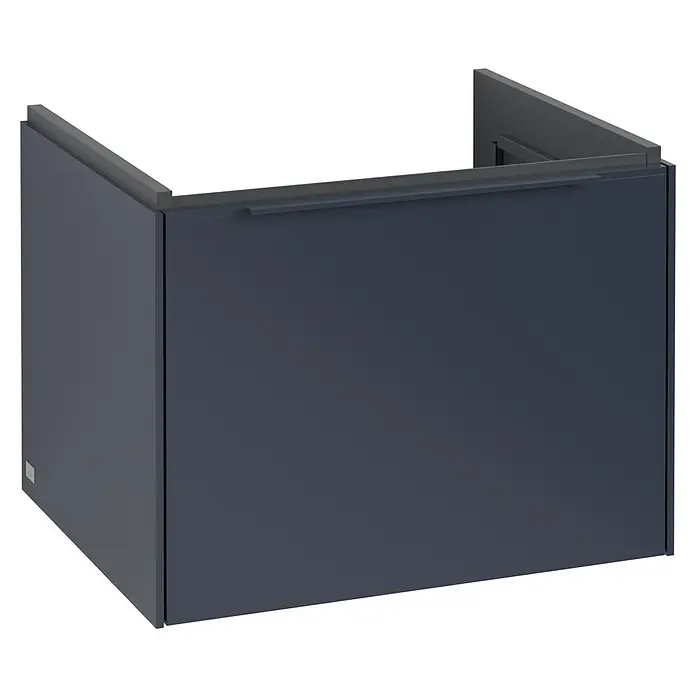 Villeroy & Boch Subway 3.0 Waschbeckenunterschrank - Marine Blue, Anzahl Schubladen: 1 Stk., Farbe Griff: Monochrom, B x T x H: 57,2 x 47,8 x 42,9 cm - Dieses Bild zeigt einen modernen, dunkelgrauen Waschtischunterschrank, der sich ideal für ein stilvolles Badezimmer eignet. Er ist schlicht und funktional.