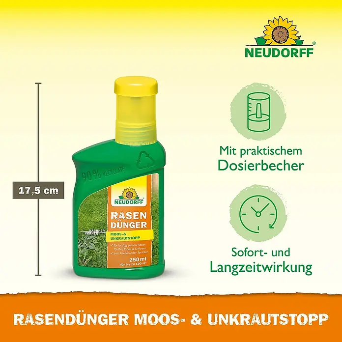 Neudorff Rasendünger Moos- & Unkrautstopp - 250 ml - Produktbild von Neudorff Rasendünger Moos- & Unkrautstopp in einer 250ml Flasche mit praktischem Dosierbecher und Sofort- & Langzeitwirkung.