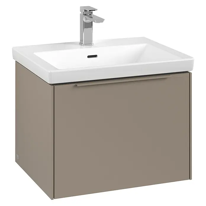 Villeroy & Boch Subway 3.0 Waschbeckenunterschrank - Taupe, Anzahl Schubladen: 1 Stk., Farbe Griff: Monochrom, B x T x H: 57,2 x 47,8 x 42,9 cm - Ein moderner Waschtischunterschrank in Taupe mit einem eleganten weißen Waschbecken und einer glänzenden Armatur. Stilvolles Badmöbel für jedes Badezimmer.