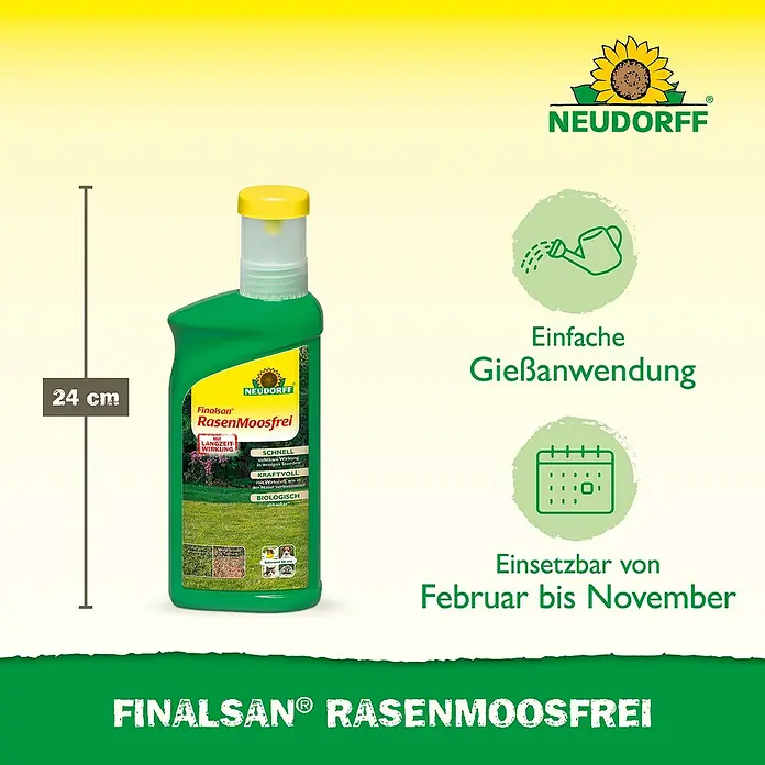 Neudorff Finalsan Rasen-Moosfrei - 500 ml - Produktbild von Finalsan RasenMoosfrei, einem biologischen Moosentferner für Rasenflächen, 24 cm hoch, anwendbar von Februar bis November.