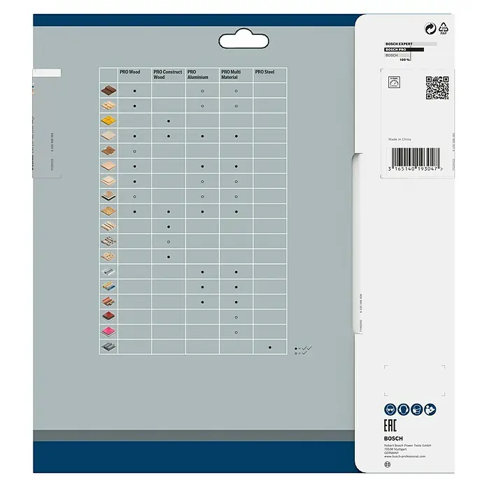 Bosch Kreissägeblatt - 235 mm, Bohrung: 30 mm, Anzahl Zähne: 64 Stk. - Produktbild der Bosch EXPERT Stichsägeblatt-Verpackung mit Materialübersicht und Herstellerinformationen.