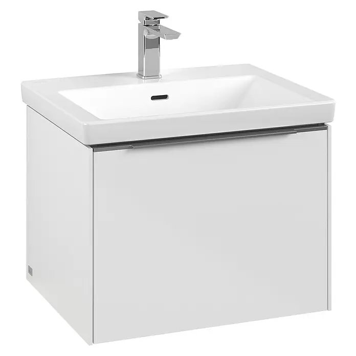 Villeroy & Boch Subway 3.0 Waschbeckenunterschrank - Brilliant White, Anzahl Schubladen: 1 Stk., Farbe Griff: Aluminium glänzend, B x T x H: 57,2 x 47,8 x 42,9 cm, Mit Beleuchtung - Bild eines modernen, weißen Waschbeckenunterschranks mit Chromarmatur, ideal für ein stilvolles Badezimmer.