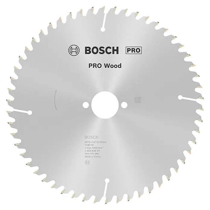 Bosch Kreissägeblatt Pro Wood - 216 mm, Bohrung: 30 mm, Anzahl Zähne: 54 Stk. - Das Bild zeigt ein Bosch Pro Wood Kreissägeblatt. Es ist silberfarben und hat scharfe Zähne zum präzisen Schneiden von Holz.