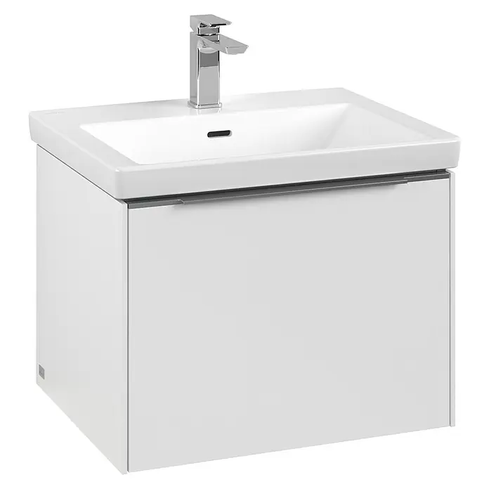 Villeroy & Boch Subway 3.0 Waschbeckenunterschrank - Pure White, Anzahl Schubladen: 1 Stk., Farbe Griff: Aluminium glänzend, B x T x H: 57,2 x 47,8 x 42,9 cm, Mit Beleuchtung - Bild eines modernen weißen Waschtischs mit einer stilvollen Armatur. Ideal für ein zeitgemäßes Badezimmerdesign mit praktischem Unterschrank.