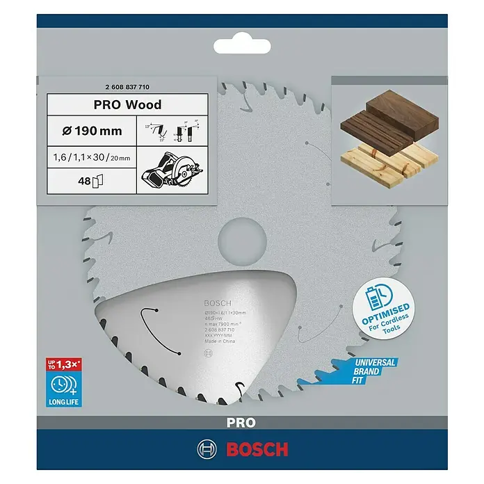 Bosch Kreissägeblatt Standard for Wood - 190 mm, Bohrung: 30 mm, Anzahl Zähne: 48 Stk. - Abgebildet ist ein Bosch PRO Wood Kreissägeblatt mit 190 mm Durchmesser, optimiert für Akku-Werkzeuge und universell einsetzbar.