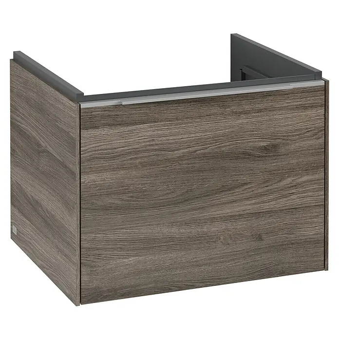 Villeroy & Boch Subway 3.0 Waschbeckenunterschrank - Stone Oak, Anzahl Schubladen: 1 Stk., Farbe Griff: Aluminium glänzend, B x T x H: 57,2 x 47,8 x 42,9 cm, Mit Beleuchtung - Holzfarbener Waschtischunterschrank mit moderner grauer Umrandung und geradlinigem Design für ein stilvolles Badezimmer.