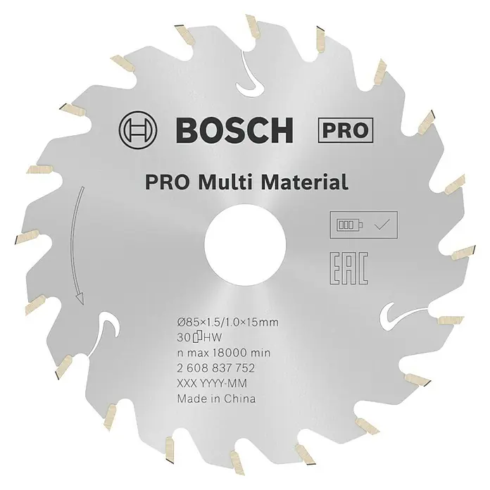 Bosch Disco de sierra Standard for Multimaterial - 85 mm, Orificio: 15 mm, Número de dientes: 30 ud. - Una hoja de sierra circular Bosch PRO Multi Material plateada con puntas de carburo y detalles grabados.
