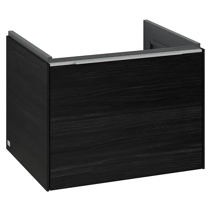 Villeroy & Boch Subway 3.0 Waschbeckenunterschrank - Black Oak, Anzahl Schubladen: 1 Stk., Farbe Griff: Aluminium glänzend, B x T x H: 57,2 x 47,8 x 42,9 cm, Mit Beleuchtung - Schwarzer Waschtischunterschrank mit einer Holzmaserung, perfekt für moderne Badezimmer. Stilvoll und praktisch.