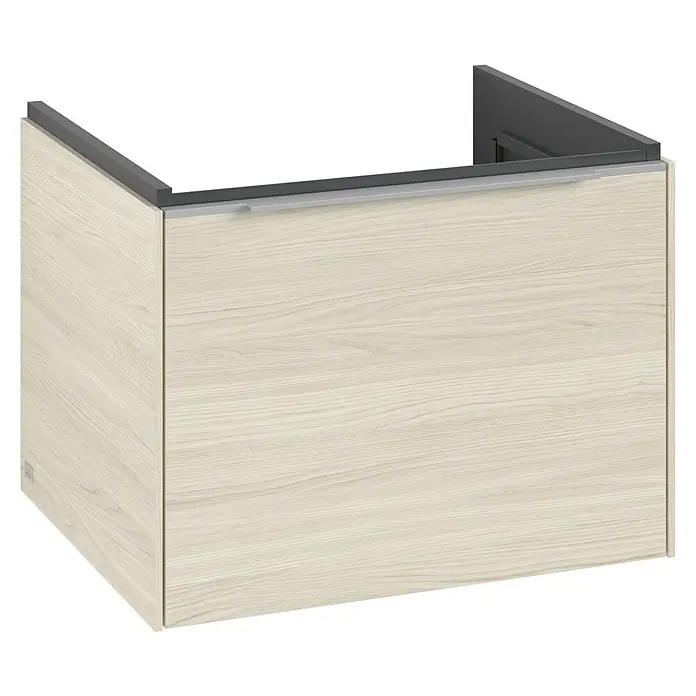 Villeroy & Boch Subway 3.0 Waschbeckenunterschrank - White Oak, Anzahl Schubladen: 1 Stk., Farbe Griff: Aluminium glänzend, B x T x H: 57,2 x 47,8 x 42,9 cm, Mit Beleuchtung - Abbildung eines modernen Waschtischunterschranks mit Holzoptik und Griffleiste. Der Schrank ist schlicht und funktional gestaltet.