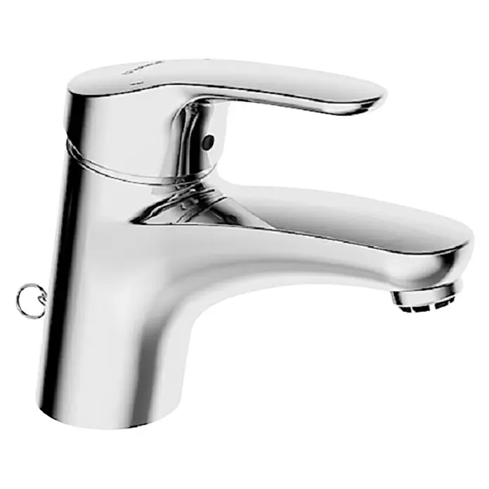Hansa Mix Waschtischarmatur - Niederdruck, Mit versenkbarer Kette, Chrom, Glänzend - Nahaufnahme einer glänzenden Chrom-Waschtischarmatur mit einem eleganten, modernen Design, das die glatte Oberfläche hervorhebt.