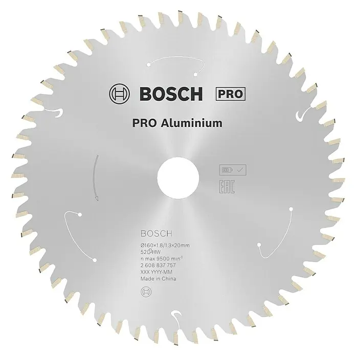Bosch Kreissägeblatt Standard for Aluminium - 160 mm, Bohrung: 20 mm, Anzahl Zähne: 52 Stk. - Das Bild zeigt ein Bosch Pro Aluminium Sägeblatt mit den Abmessungen Ø160×1.8/1.3×20mm und 52 Zähnen.