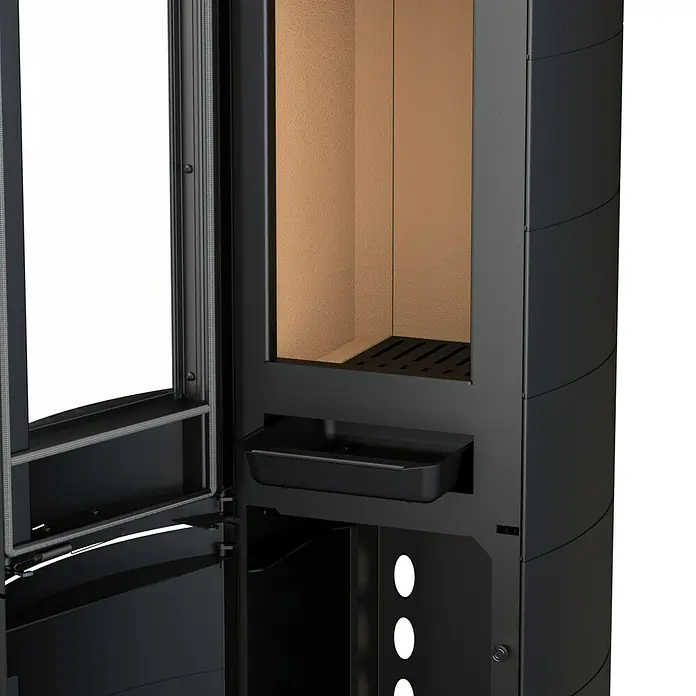 Kaminofen Alpha Ring - 6 kW, Raumheizvermögen: 172 m³, Material Verkleidung: Stahl, Farbe Verkleidung: Schwarz - Nahaufnahme eines schwarzen Kaminofens mit offener Tür, der das Innere zeigt.