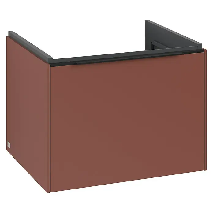 Villeroy & Boch Subway 3.0 Waschbeckenunterschrank - Wine Red, Anzahl Schubladen: 1 Stk., Farbe Griff: Volcano Black, B x T x H: 57,2 x 47,8 x 42,9 cm - Produktbild eines modernen, braunen Waschtischunterschranks mit einer grauen Oberseite für das Badezimmer.