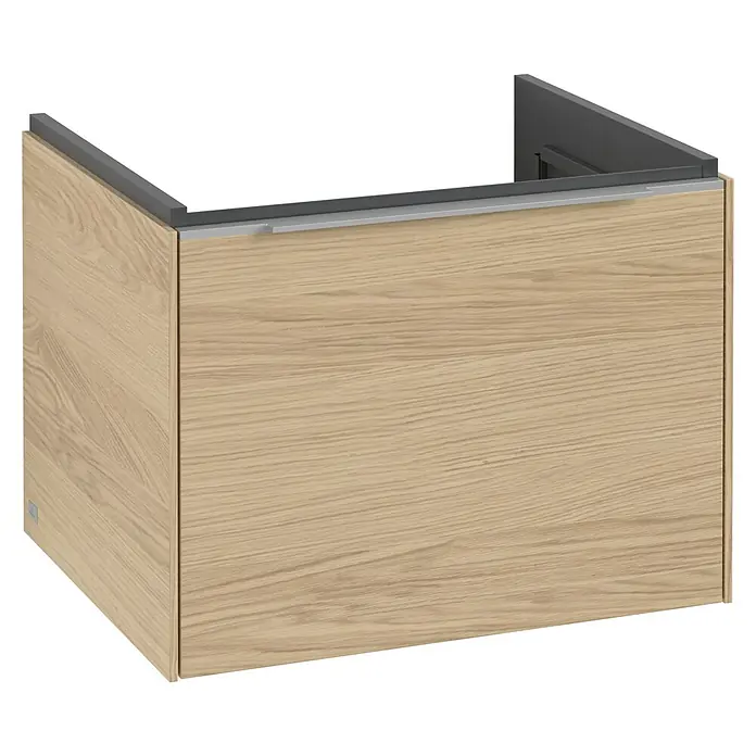 Villeroy & Boch Subway 3.0 Waschbeckenunterschrank - Nordik Oak, Anzahl Schubladen: 1 Stk., Farbe Griff: Aluminium glänzend, B x T x H: 57,2 x 47,8 x 42,9 cm, Mit Beleuchtung - Ein moderner Waschtischunterschrank in Holzoptik mit grauem Rahmen. Das Möbelstück bietet stilvollen Stauraum im Badezimmer.