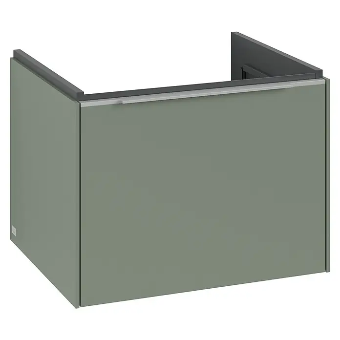 Villeroy & Boch Subway 3.0 Waschbeckenunterschrank - Soft Green, Anzahl Schubladen: 1 Stk., Farbe Griff: Aluminium glänzend, B x T x H: 57,2 x 47,8 x 42,9 cm, Mit Beleuchtung - Eine Nahaufnahme eines modernen, olivgrünen Waschtischunterschranks mit minimalistischen Designelementen, ideal für ein stilvolles Badezimmer.