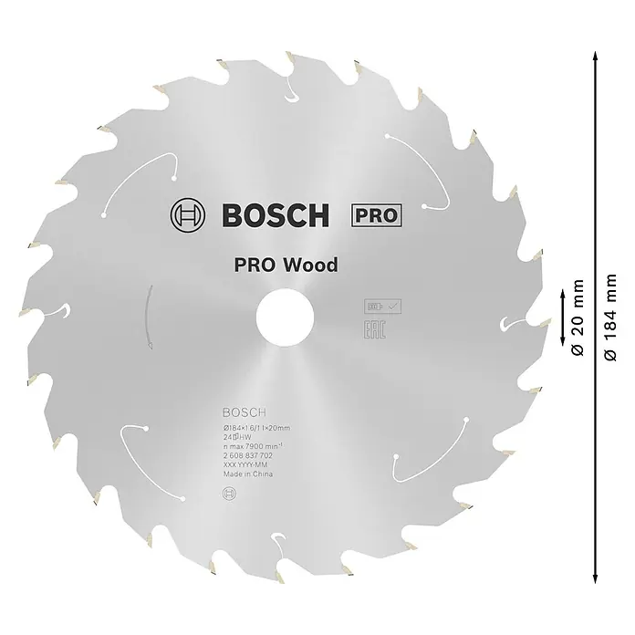 Bosch Kreissägeblatt Standard for Wood - 184 mm, Bohrung: 20 mm, Anzahl Zähne: 24 Stk. - Silbernes Kreissägeblatt für Holz, 184mm Durchmesser, 20mm Bohrung, mit 24 Hartmetallzähnen.