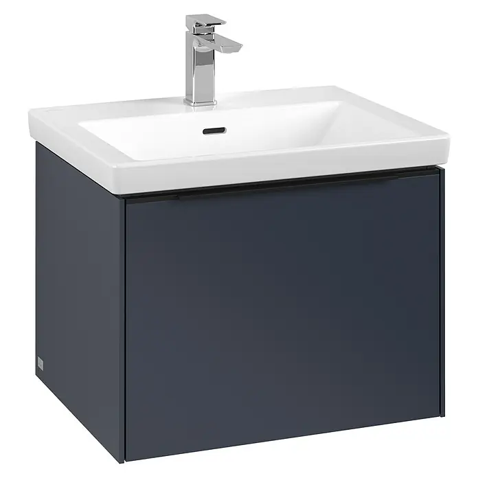 Villeroy & Boch Subway 3.0 Waschbeckenunterschrank - Marine Blue, Anzahl Schubladen: 1 Stk., Farbe Griff: Volcano Black, B x T x H: 57,2 x 47,8 x 42,9 cm - Ein stilvolles Waschbecken mit Unterschrank in dunklem Blau, ideal für moderne Badezimmer. Die Armatur ist in Chrom gehalten.
