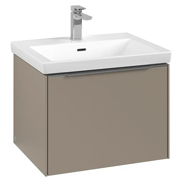 Villeroy & Boch Subway 3.0 Waschbeckenunterschrank - Taupe, Anzahl Schubladen: 1 Stk., Farbe Griff: Aluminium glänzend, B x T x H: 57,2 x 47,8 x 42,9 cm, Mit Beleuchtung - Moderner Waschtischunterschrank mit einer hellen Keramikspüle und einem eleganten Chrom-Wasserhahn für ein stilvolles Badezimmer.