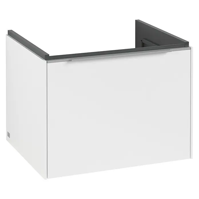 Villeroy & Boch Subway 3.0 Waschbeckenunterschrank - Pure White, Anzahl Schubladen: 1 Stk., Farbe Griff: Aluminium glänzend, B x T x H: 57,2 x 47,8 x 42,9 cm, Mit Beleuchtung - Eine Nahaufnahme eines modernen weißen Waschtischunterschranks mit einer grauen Oberseite, ideal für Badezimmer.