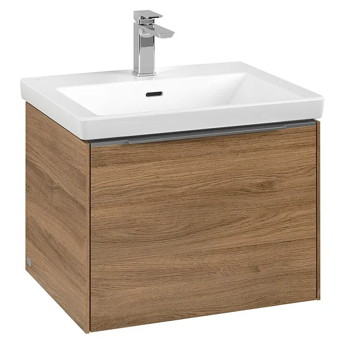 Villeroy & Boch Subway 3.0 Waschbeckenunterschrank - Kansas Oak, Anzahl Schubladen: 1 Stk., Farbe Griff: Aluminium glänzend, B x T x H: 57,2 x 47,8 x 42,9 cm, Mit Beleuchtung - Modernes Badezimmer-Waschbecken mit Holzunterschrank und Armatur. Das Waschbecken ist weiß, der Unterschrank hat eine natürliche Holzoptik.