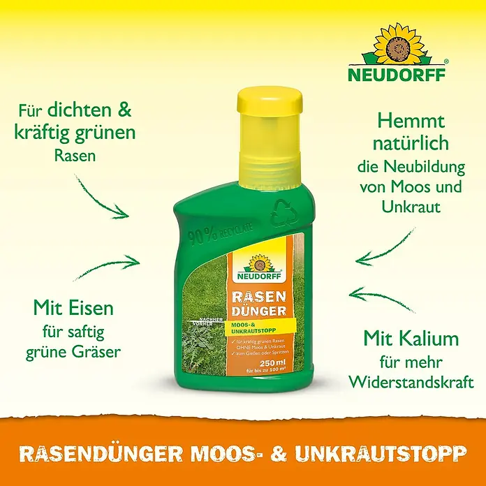 Neudorff Rasendünger Moos- & Unkrautstopp - 250 ml - Rasendünger Moos- & Unkrautstopp von Neudorff für dichten, grünen Rasen und zur Hemmung von Moos- und Unkrautbildung mit Eisen und Kalium.