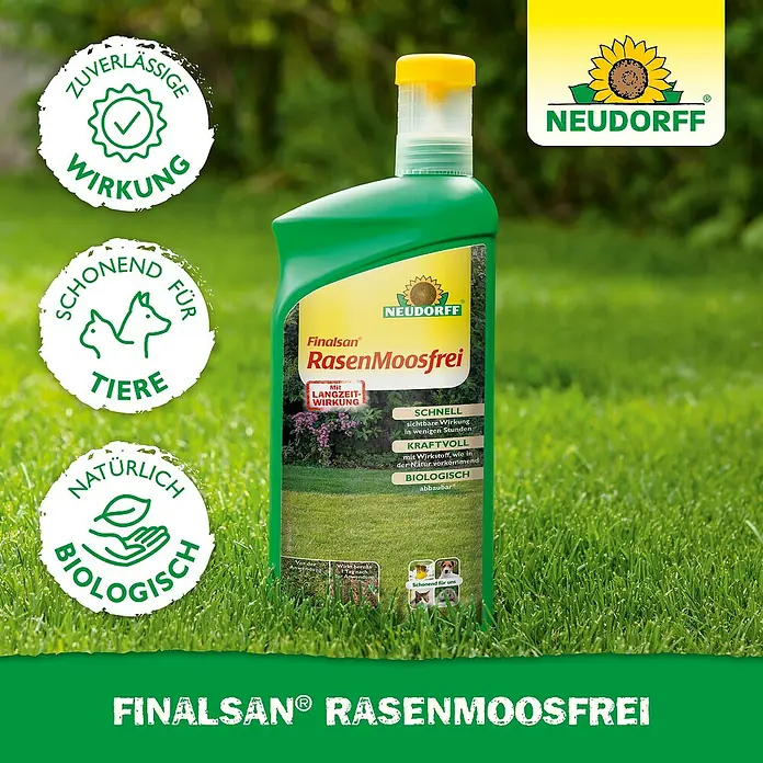 Neudorff Finalsan Rasen-Moosfrei - 500 ml - Bild eines Finalsan RasenMoosfrei Produkts, einem biologisch abbaubaren Moosentferner für Rasenflächen von Neudorff.