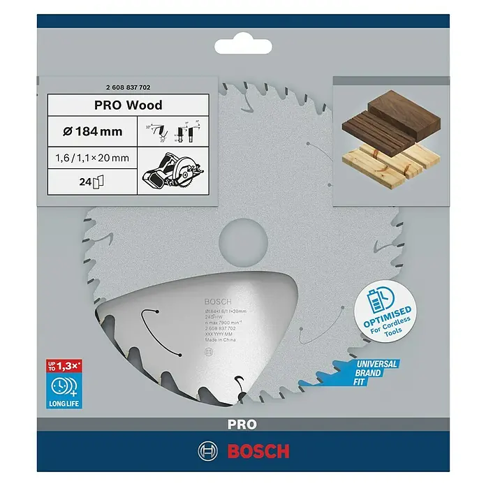 Bosch Kreissägeblatt Standard for Wood - 184 mm, Bohrung: 20 mm, Anzahl Zähne: 24 Stk. - Abbildung eines Bosch Pro Wood Sägeblatts mit 184 mm Durchmesser, geeignet für kabellose Werkzeuge und verschiedene Holzarten.