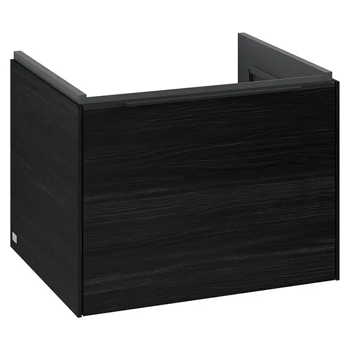 Villeroy & Boch Subway 3.0 Waschbeckenunterschrank - Black Oak, Anzahl Schubladen: 1 Stk., Farbe Griff: Volcano Black, B x T x H: 57,2 x 47,8 x 42,9 cm - Abbildung eines modernen, dunklen Badezimmerunterschranks mit Holzmaserung, ideal für ein stilvolles Badambiente.
