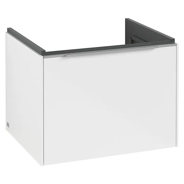Villeroy & Boch Subway 3.0 Waschbeckenunterschrank - Brilliant White, Anzahl Schubladen: 1 Stk., Farbe Griff: Aluminium glänzend, B x T x H: 57,2 x 47,8 x 42,9 cm, Mit Beleuchtung - Ein moderner, weißer Waschtischunterschrank mit grauem Rahmen und Griff, ideal für ein stilvolles Badezimmerdesign.