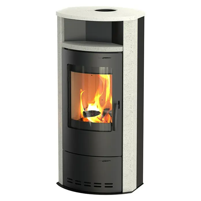 Kaminofen Cumulus Limestone - 7 kW, Raumheizvermögen: 200 m³, Schwarz - Ein eleganter Kaminofen mit Steinverkleidung und einem warmen Flammenspiel im Inneren, der für behagliche Wärme und eine stilvolle Atmosphäre sorgt.