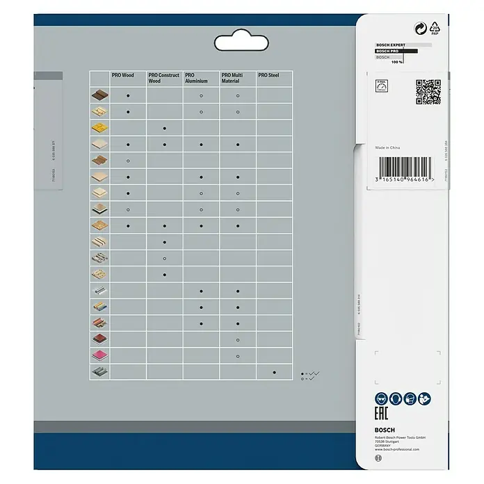 Bosch Kreissägeblatt Pro Wood - 216 mm, Bohrung: 30 mm, Anzahl Zähne: 22 Stk. - Abbildung der Bosch EXPERT Stichsägeblatt-Verpackung mit Materialtabelle und Barcode.
