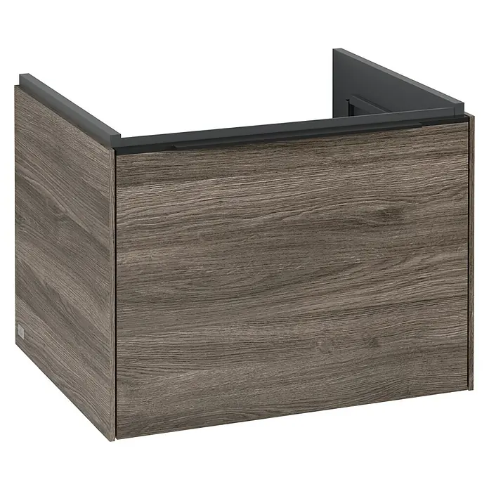 Villeroy & Boch Subway 3.0 Waschbeckenunterschrank - Stone Oak, Anzahl Schubladen: 1 Stk., Farbe Griff: Volcano Black, B x T x H: 57,2 x 47,8 x 42,9 cm - Nahaufnahme eines Holzschranks mit modernem Design, ideal für Badezimmer oder Küchen, mit eleganter Holzmaserung und robuster Bauweise.