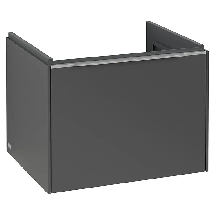 Villeroy & Boch Subway 3.0 Waschbeckenunterschrank - Graphite, Anzahl Schubladen: 1 Stk., Farbe Griff: Aluminium glänzend, B x T x H: 57,2 x 47,8 x 42,9 cm, Mit Beleuchtung - Hier ist ein schlichtes, modernes graues Waschbeckenunterschrank mit einem horizontalen silbernen Griff zu sehen.