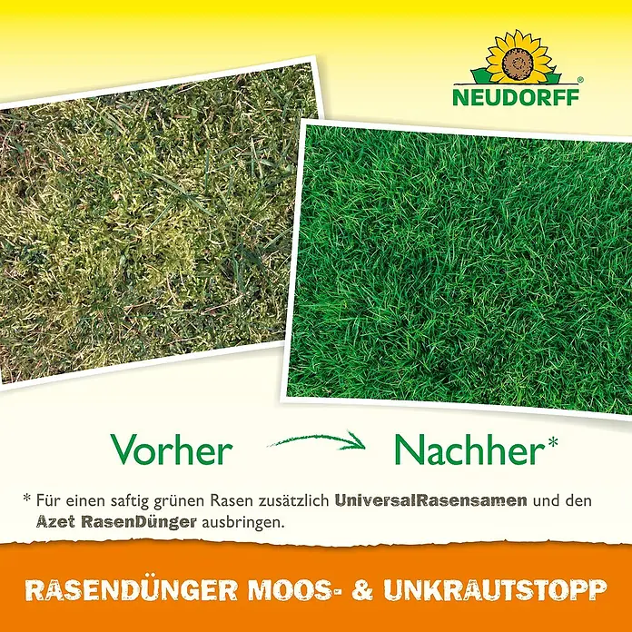 Neudorff Rasendünger Moos- & Unkrautstopp - 250 ml - Bild zeigt Rasendünger Moos- & Unkrautstopp von Neudorff, der für einen saftig grünen Rasen sorgt. Vorher/Nachher-Vergleich.